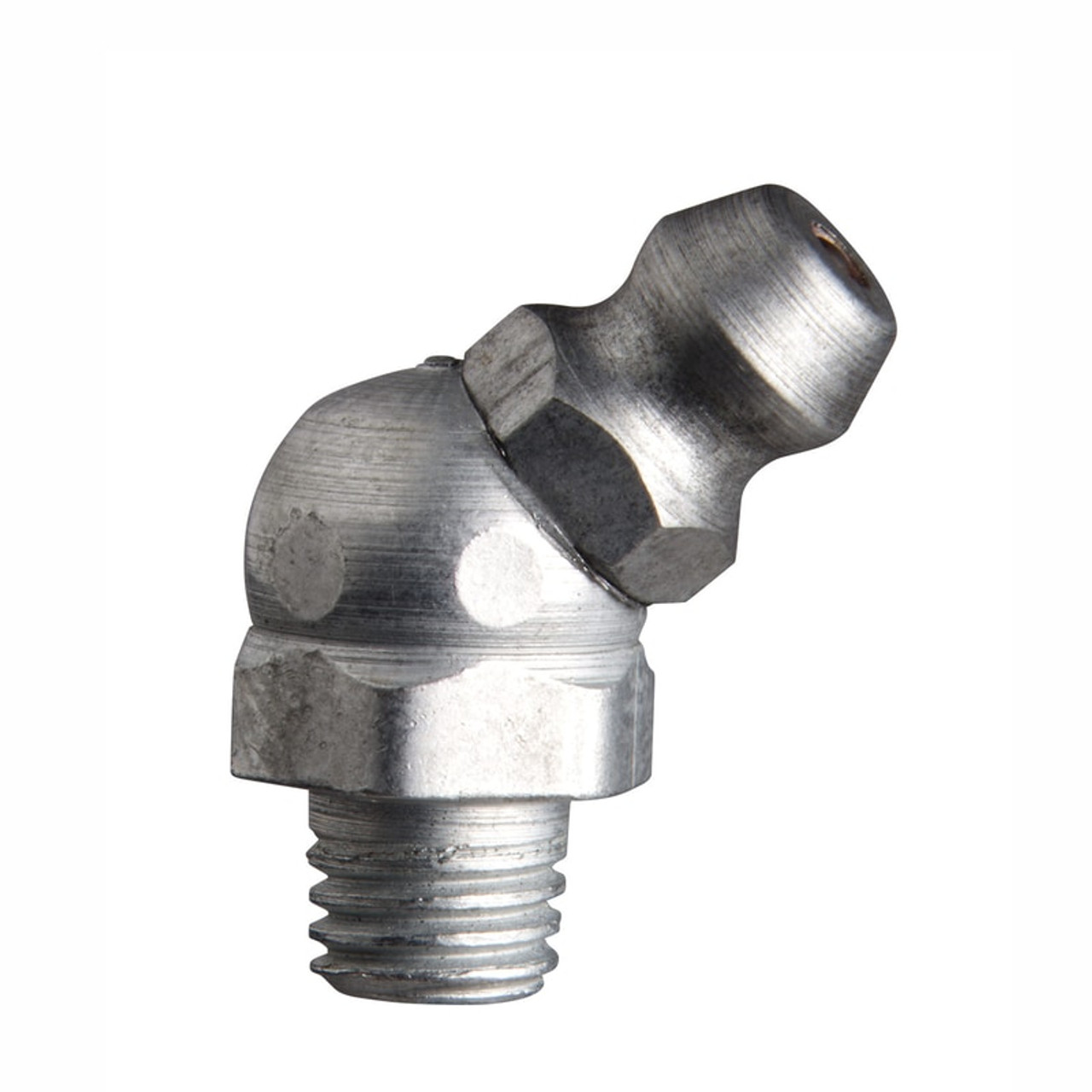 Zerk Fitting, 45 deg, 3/8 in Hex, Trivalent Zinc Plated, Steel, 1/4 in-28 Thread, 13/16 in Lg, 0.203 in Lg Shank