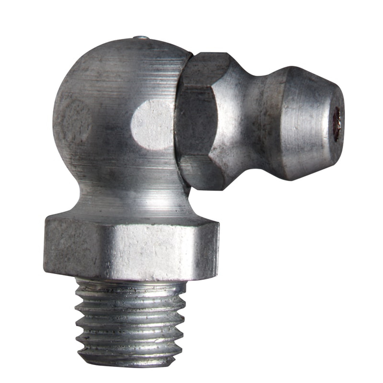 Zerk Fitting, 45 deg, 3/8 in Hex, Trivalent Zinc Plated, Steel, 1/4 in-28 Thread, 13/16 in Lg, 0.203 in Lg Shank