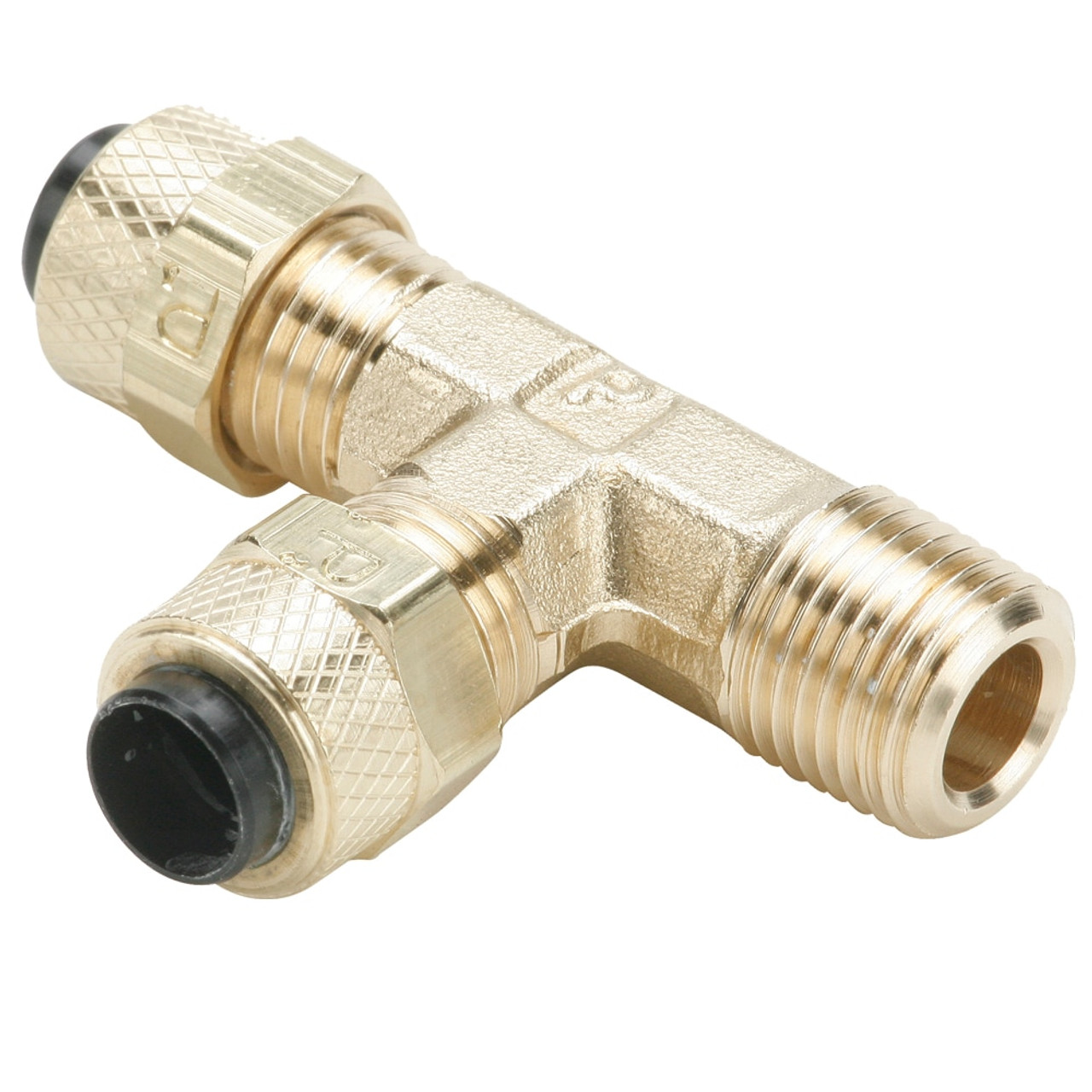 PARKER Run Tee, Fluid, 1/4 x 1/4 in, Compression x MNPT End, 0.92 in Lg, 1400 psi, 0 to 150 deg F, Brass, 1/8 in Flow Diameter,  3/8 in-24, Forged, Run Tee