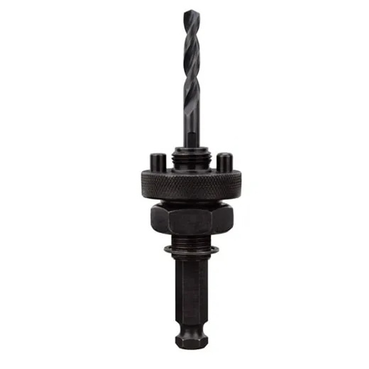 Hole Saw Arbor, Large Thread,  Quick Change, 1-1/4 in Arbor, Hex Shank, 7/16 in Shank, Hex Shank, High Speed Steel Cut Edge, Black Color