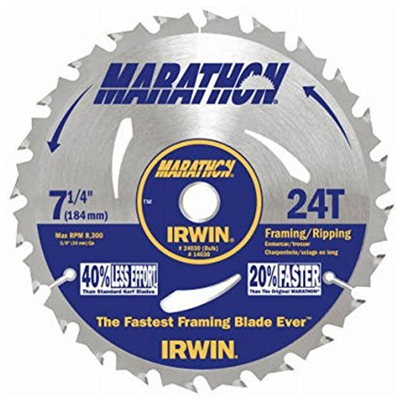 Circular Saw Blade, Marathon, 7-1/4 in Dia, 5/8 in Arbor, 24 -Teeth, 20 deg Tooth