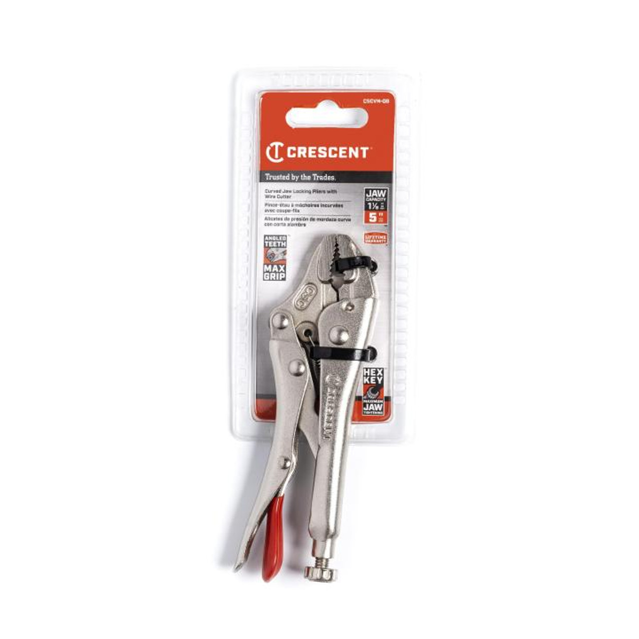 Locking Plier, 1-1/4 in, Curved Jaw, Alloy Steel Jaw, 5 in Lg, 1 Cutter, ASME B107.24/B107.36, Cushion Grip, 4 in Lg Handle, Plastisol Handle, Nickel Plated