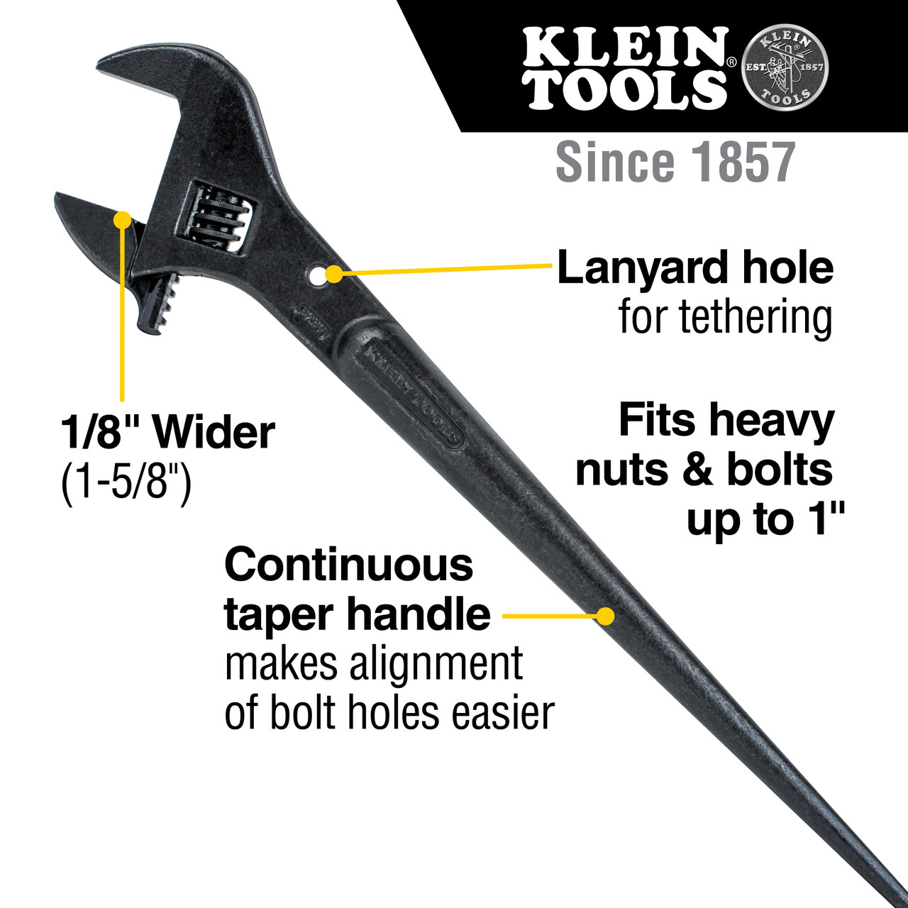 Construction Wrench, Versatile, Adjustable, 1-5/8 in Wrench Open, 16 in Lg, 0.79 in Wd Jaw, Taper, Alloy Steel Body, Alloy Steel, Black Oxide Coated Construction Wrench, Versatile, Adjustable, 1-5/8 in Wrench Open, 16 in Lg, 0.79 in Wd Jaw, Taper, Alloy Steel Body, Alloy Steel, Black Oxide Coated