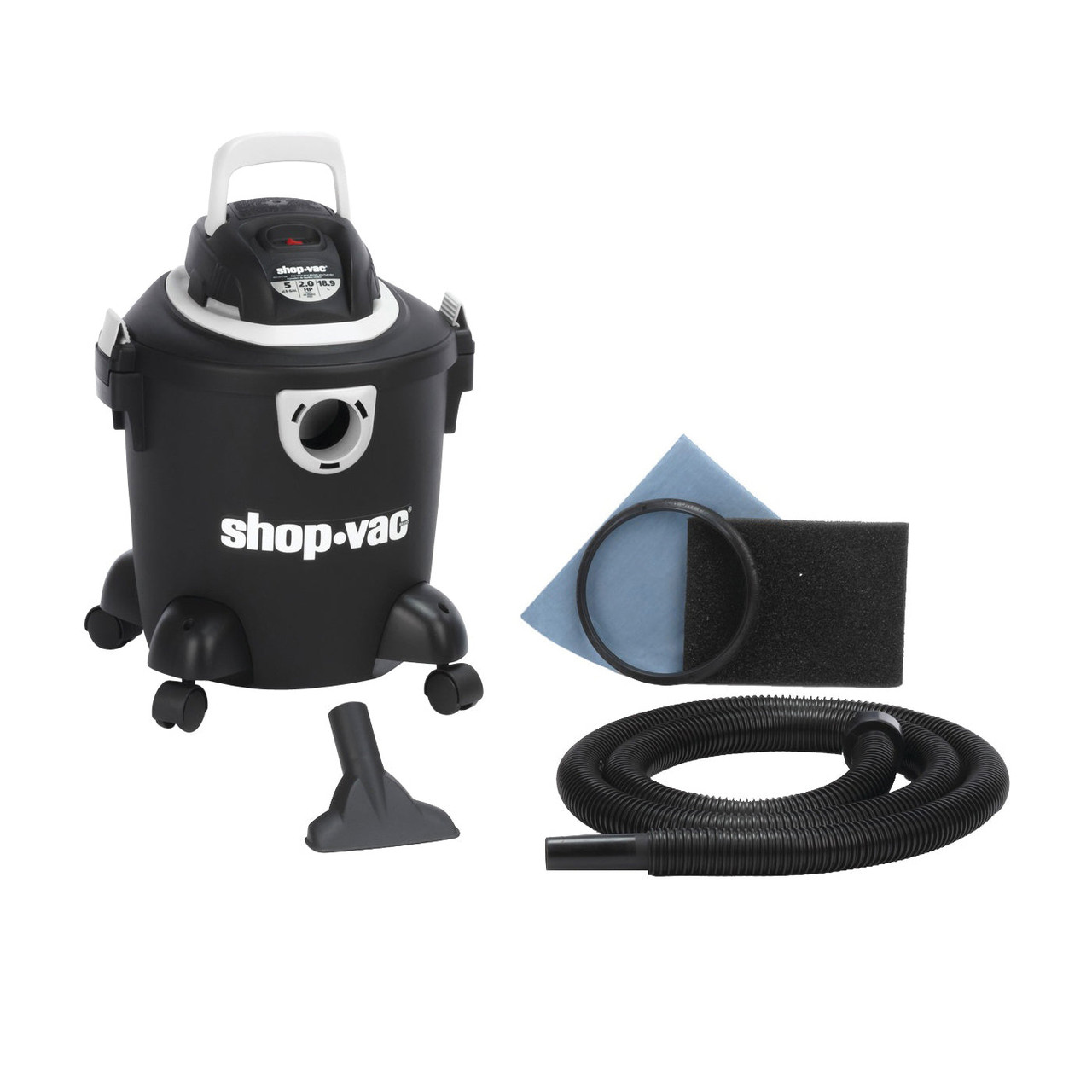 Utility Vacuum, Wet and Dry, 5 gal, Dent-Resistant Plastic, 120 V, 7.8 A, 55 cfm, 7 ft Hose, Foam Sleeve Filter, 2-1/2 in wd Cleaning Path Utility Vacuum, Wet and Dry, 5 gal, Dent-Resistant Plastic, 120 V, 7.8 A, 55 cfm, 7 ft Hose, Foam Sleeve Filter, 2-1/2 in wd Cleaning Path