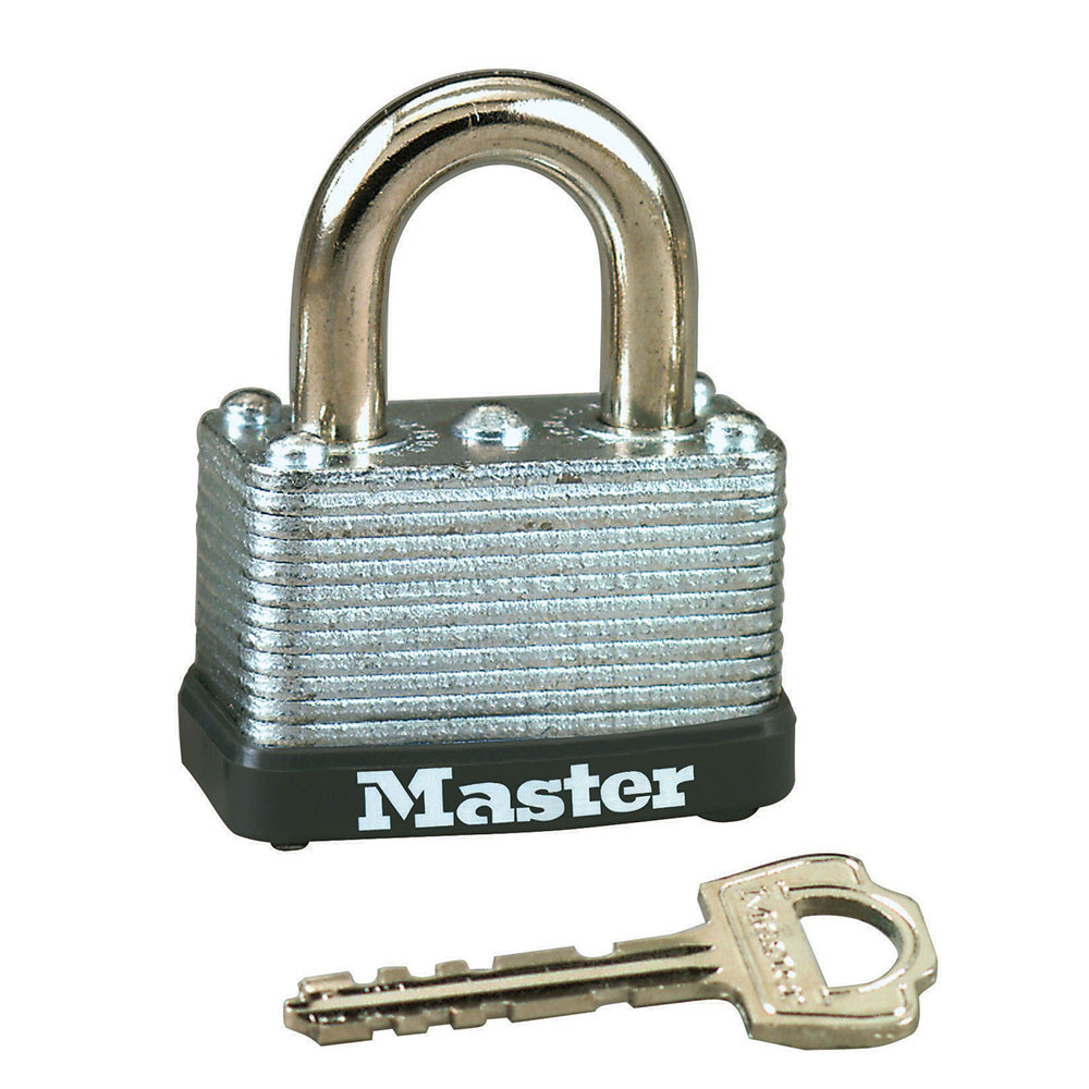 Laminated Padlock, 5/8 in Ht Shackle, 9/16 in Wd Shackle, Steel Shackle, 1-1/2 in Wd Body, Warded Lock Locking, Silver , Different Key, 22, Steel Body