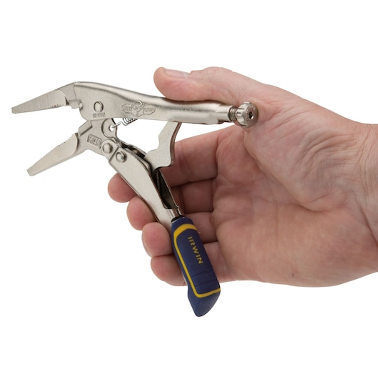 Locking Plier, Long Nose, Long Jaw, 2 in lg,  5/16 in thk Jaw, Alloy Steel Jaw, 6 in Lg, ProTouch™ Grip, Blue,  Yellow Handle Color
