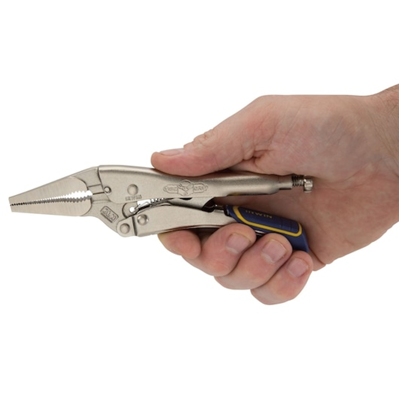 Locking Plier, Long Nose, Long Jaw, 2 in lg,  5/16 in thk Jaw, Alloy Steel Jaw, 6 in Lg, ProTouch™ Grip, Blue,  Yellow Handle Color