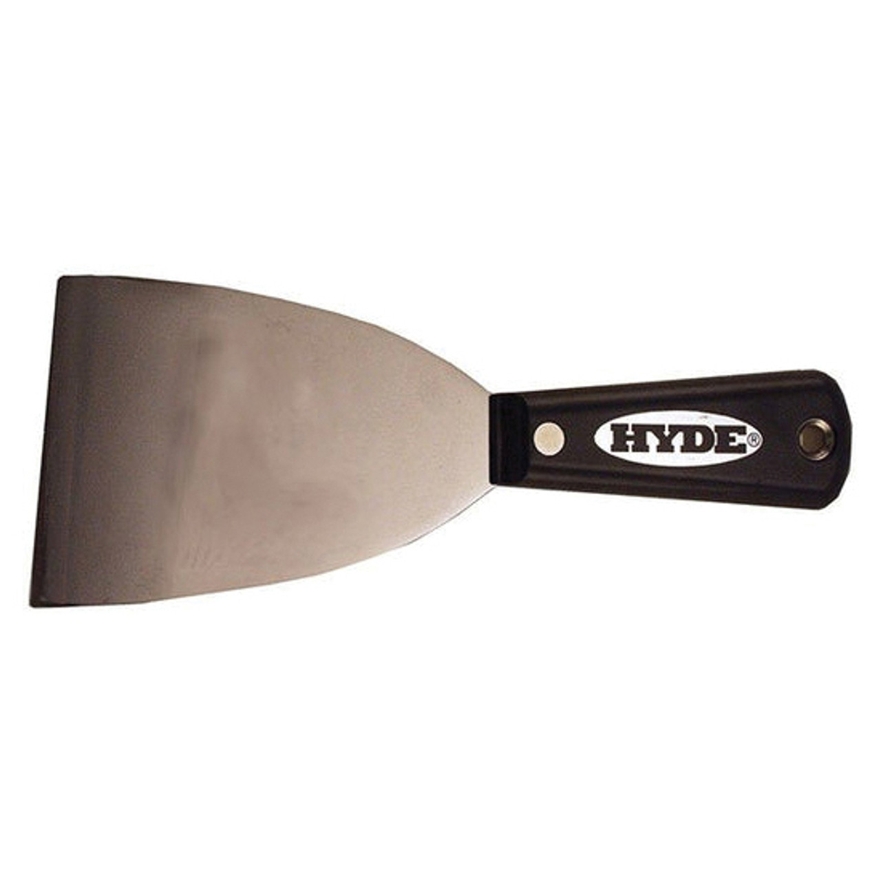 Putty Knife, Stiff Chisel, 7-3/4 in Lg Blade, 3 in Wd Blade, High Carbon Steel Blade, Interlock,  Taper, Nylon Handle, Black,  Silver Color