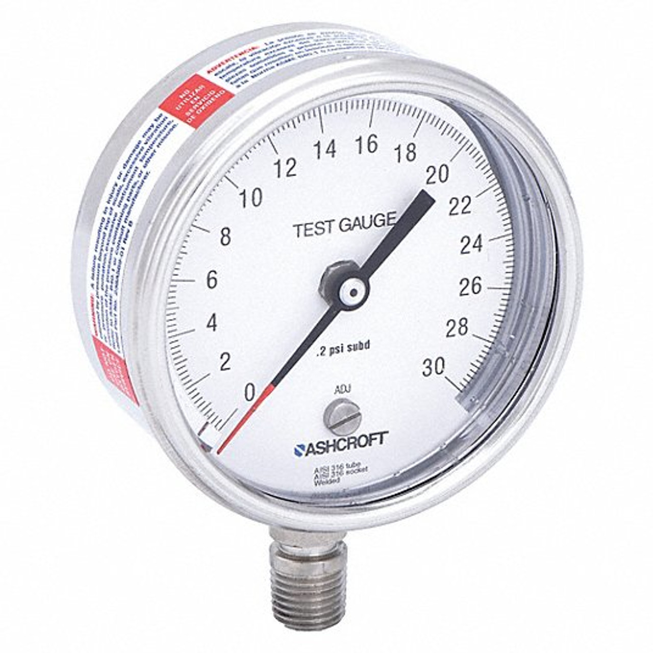 Mechanical Pressure Gauge, Dry, 0 to 30 psi, 1/4 in MNPT, 3 in Dia Dial, +/-1/2%, Dial Display, -20 to 250 deg F, Stem Mount, 3-1/4 in dia,  1.468 in dp