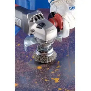 PFERD Cup Brush, External Thread, 4 in Dia Brush, 5/8 in-11 Arbor Hole, Crimped Filament/Wire, 0.02 in Dia Wire, Steel Wire Fill, 1-1/4 in Lg Trim, 9000 rpm Max