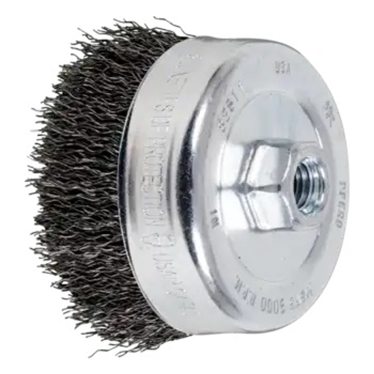 ADVANCE Cup Brush, External Thread, 4 in Dia Brush, 5/8 in-11 Arbor Hole, Crimped Filament/Wire, 0.02 in Dia Wire, Steel Wire Fill, 1-1/4 in Lg Trim, 9000 rpm Max
