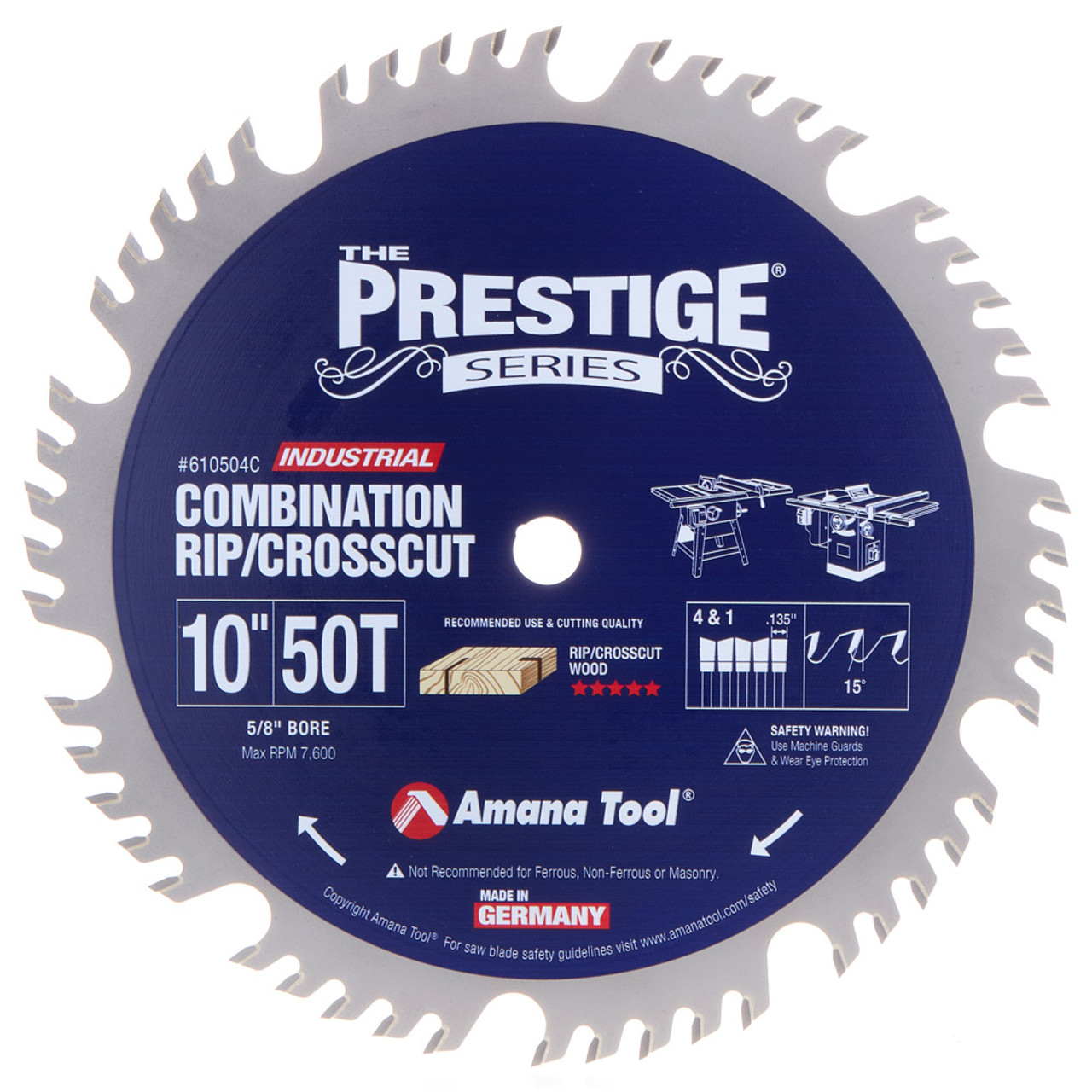 Circular Saw Blade, Cross-Cut, 10 in Dia, 5/8 in Arbor, 50 -Teeth, 7600 rpm Max, 0.135 in Kerf, Carbide Blade