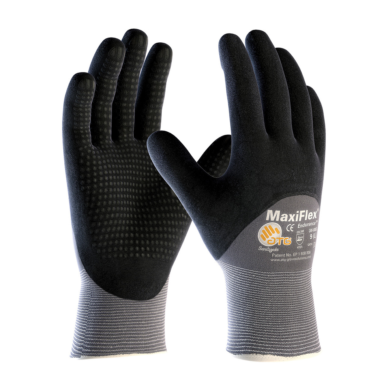 General Purpose Gloves, Coated Glove, Large, MicroFoam,  Nitrile Palm, Nitrile, Black,  Gray , Seamless Knit, Nylon, Continuous Knit Wrist Cuff, 8.9 in Lg