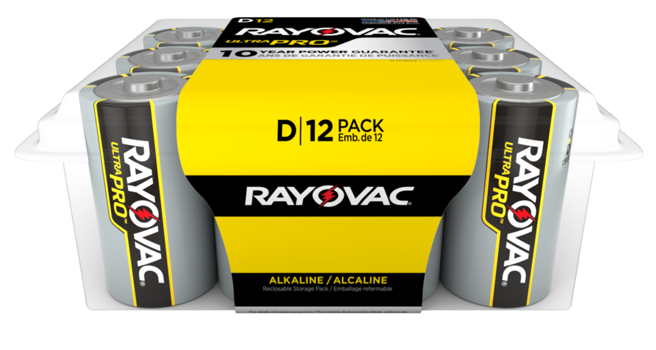 RAYOVAC D Battery, Disposable, Alkaline, 1-1/2 V, 16630 mAh, 12 pack