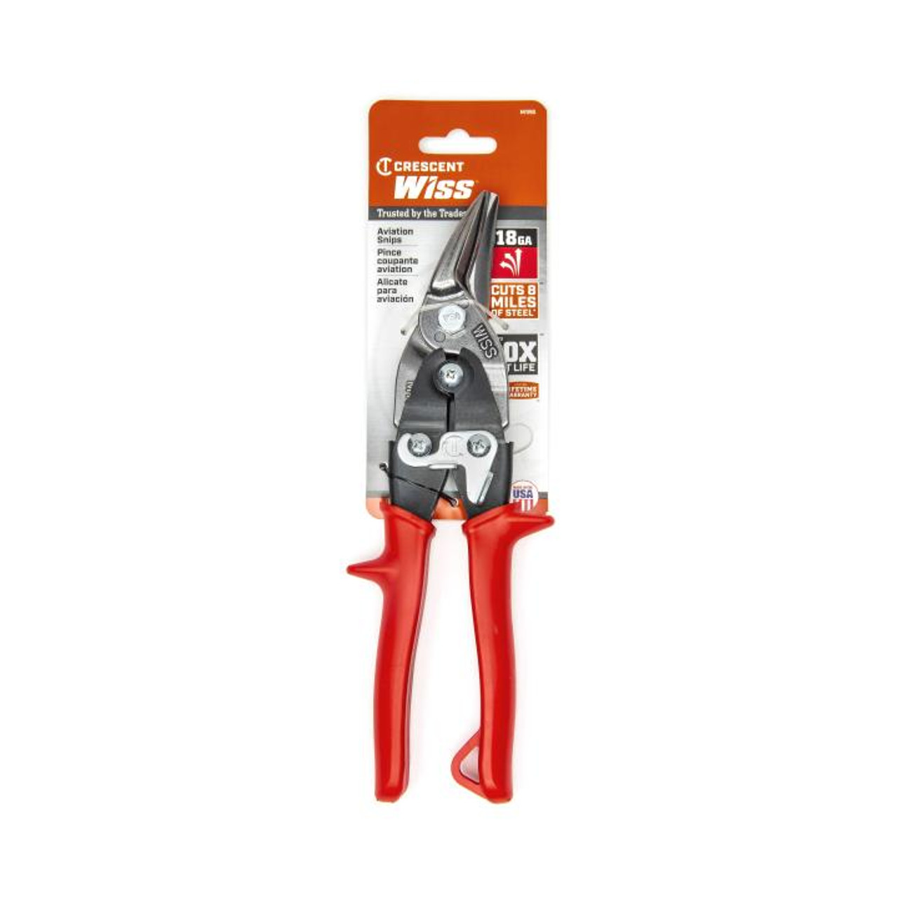 Aviation Snip, Compound Action Straight and Left Cut, 18 ga Low Carbon Steel, 1-3/8 in Lg of Cut, Left/Straight Snip, 9-3/4 in Lg, Serrated Blade