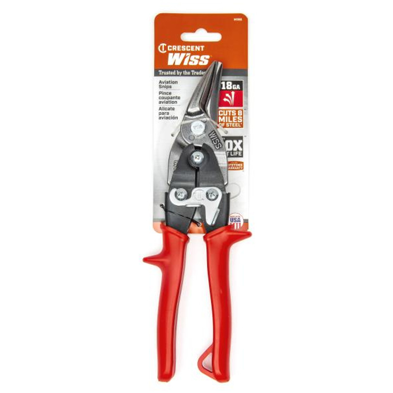 Aviation Snip, Compound Action Straight and Left Cut, 18 ga Low Carbon Steel, 1-3/8 in Lg of Cut, Left/Straight Snip, 9-3/4 in Lg, Serrated Blade Aviation Snip, Compound Action Straight and Left Cut, 18 ga Low Carbon Steel, 1-3/8 in Lg of Cut, Left/Straight Snip, 9-3/4 in Lg, Serrated Blade