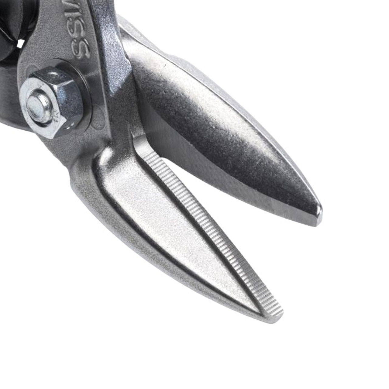 Aviation Snip, Compound Action Straight and Right Cut, 18 ga Low Carbon Steel, 1-3/8 in Lg of Cut, Right/Straight Snip, 9-3/4 in Lg, Serrated Blade Aviation Snip, Compound Action Straight and Right Cut, 18 ga Low Carbon Steel, 1-3/8 in Lg of Cut, Right/Straight Snip, 9-3/4 in Lg, Serrated Blade