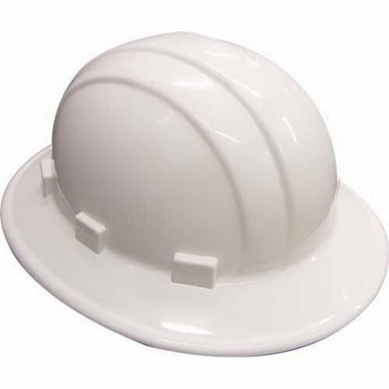 Hard Hat, Full Brim, Fits Min Hat 6-1/2 in, Fits Max Hat 8 in, White , High Density Polyethylene, 6-Point Woven Nylon Suspension, Class C,  E,  G, 1 Slotted