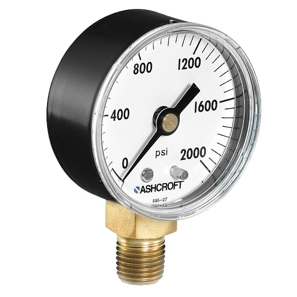 Mechanical Pressure Gauge, Commercial, 1/4 in MNPT, 2 in Dia Dial, +/-3-2-3%, 0.2 psi, Dial Display, Black, 20-W1005 H 02L 0-60