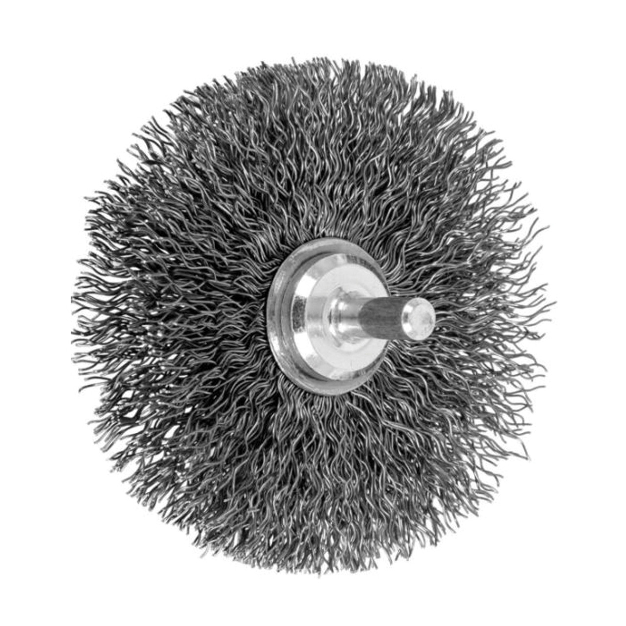 PFERD Wheel Brush, 3 in Dia Brush, 5/8 in Wd Face, Crimped Filament/Wire, 0.014 in Dia Wire, Carbon Steel Fill, 1 in Lg Trim, 15000 rpm Max, Stem