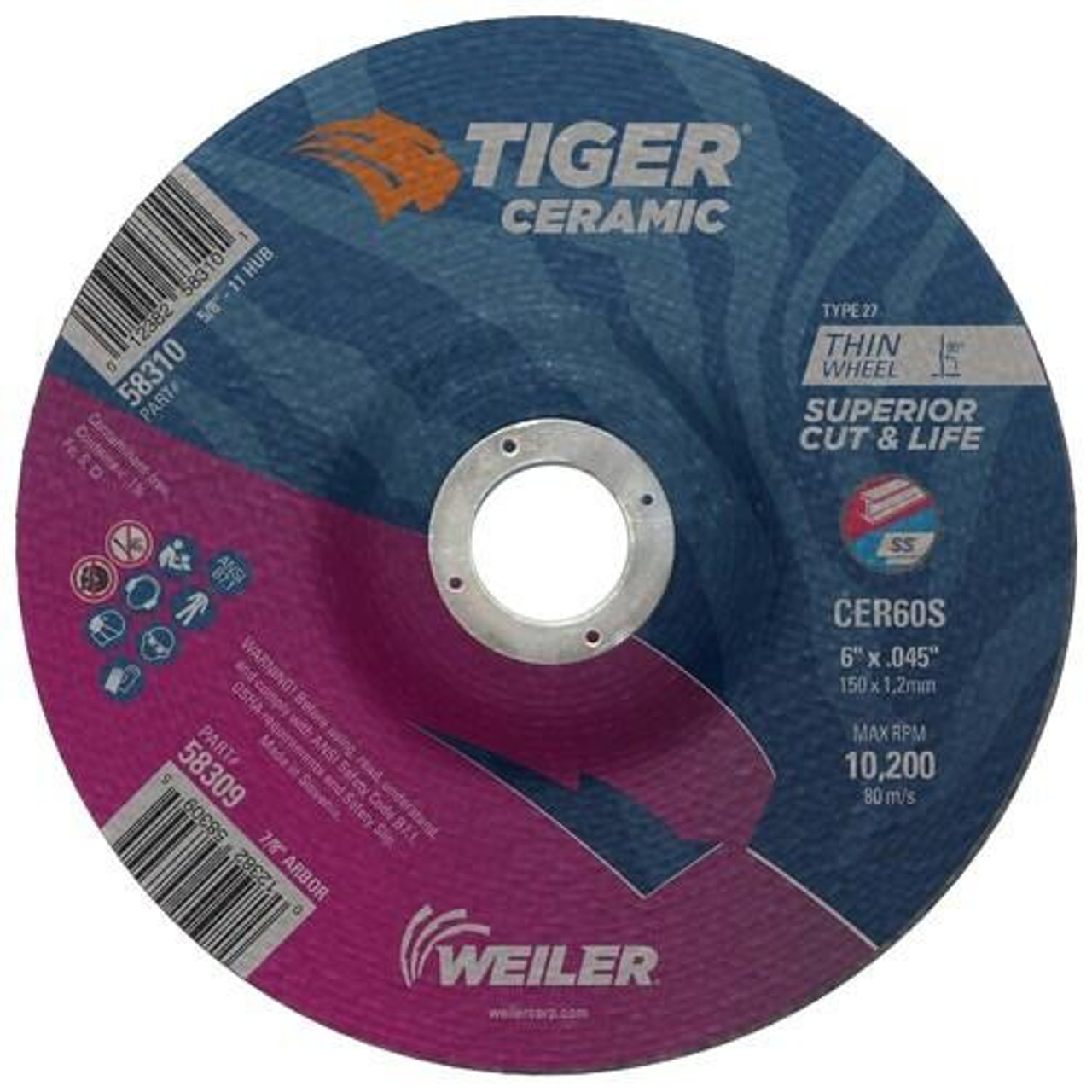Cut-Off Wheel, 6 in Dia Wheel, 0.045 in Thk Wheel, 7/8 in Center Hole, 60 Grit, Small, Ceramic Abrasive, 10200 rpm Max, Type 27, 1 Reinforced Cut-Off Wheel, 6 in Dia Wheel, 0.045 in Thk Wheel, 7/8 in Center Hole, 60 Grit, Small, Ceramic Abrasive, 10200 rpm Max, Type 27, 1 Reinforced