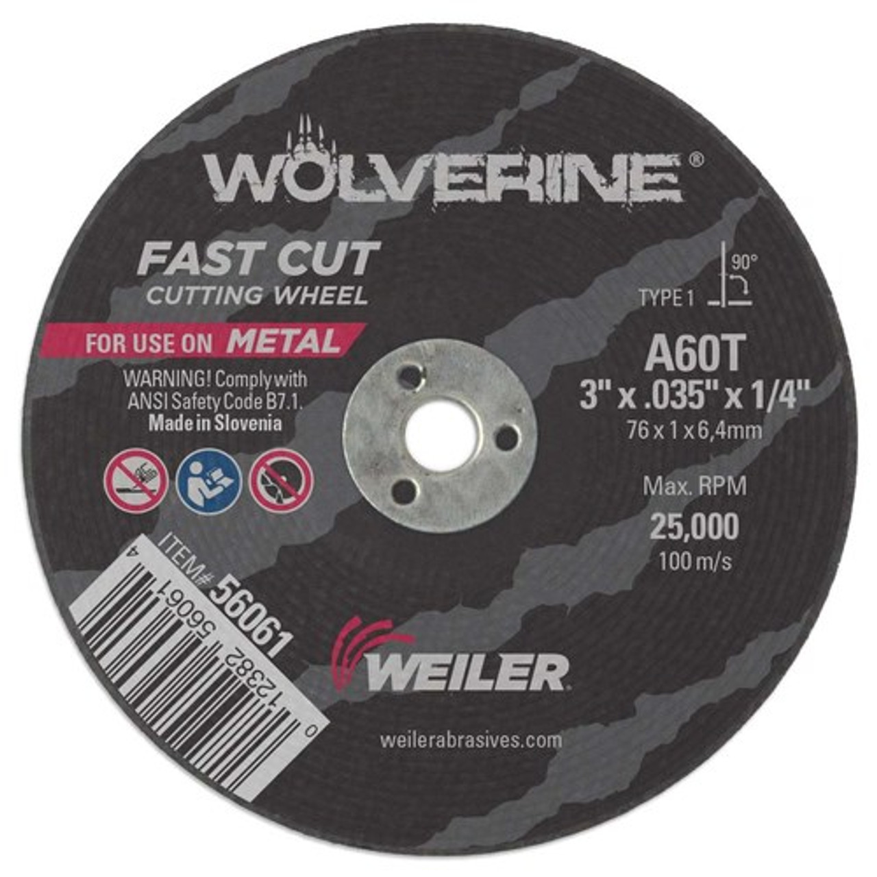 Cut-Off Wheel, 3 in Dia Wheel, 0.035 in Thk Wheel, 1/4 in Center Hole, 60 Grit, Fine, White Aluminium Oxide Abrasive, 25000 rpm Max, Resin Bond, Type 1 Cut-Off Wheel, 3 in Dia Wheel, 0.035 in Thk Wheel, 1/4 in Center Hole, 60 Grit, Fine, White Aluminium Oxide Abrasive, 25000 rpm Max, Resin Bond, Type 1