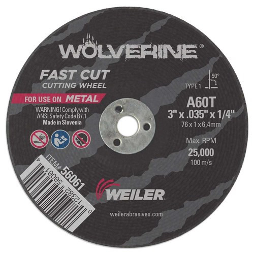 Cut-Off Wheel, 3 in Dia Wheel, 0.035 in Thk Wheel, 1/4 in Center Hole, 60 Grit, Fine, White Aluminium Oxide Abrasive, 25000 rpm Max, Resin Bond, Type 1