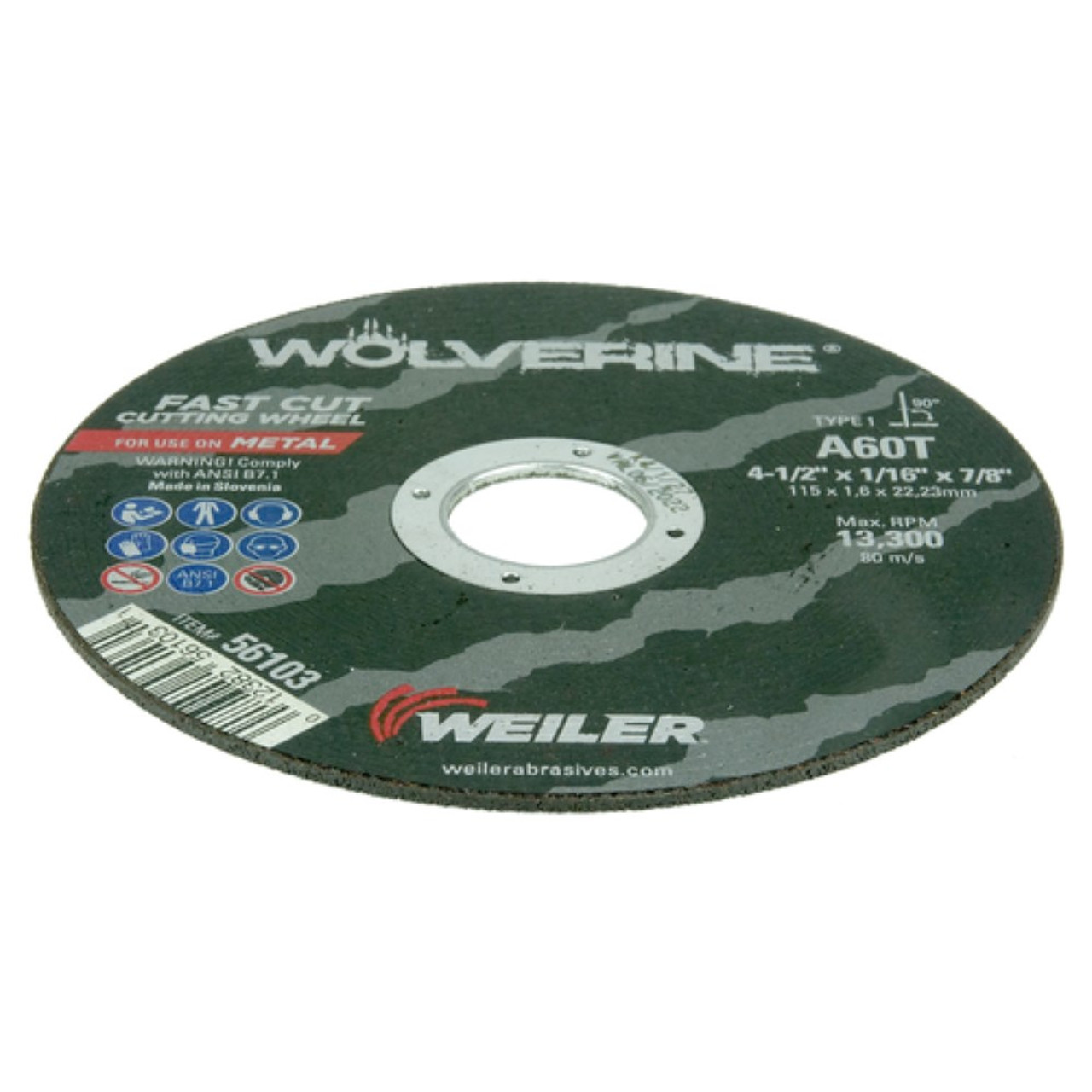 WEILER Wolverine Cut-Off Wheel, 4-1/2 in Dia Wheel, 0.167 in Thk Wheel, 7/8 in Center Hole, 60 Grit, Fine, Aluminium Oxide Abrasive, 13500 rpm Max, Resin Bond, Type 1