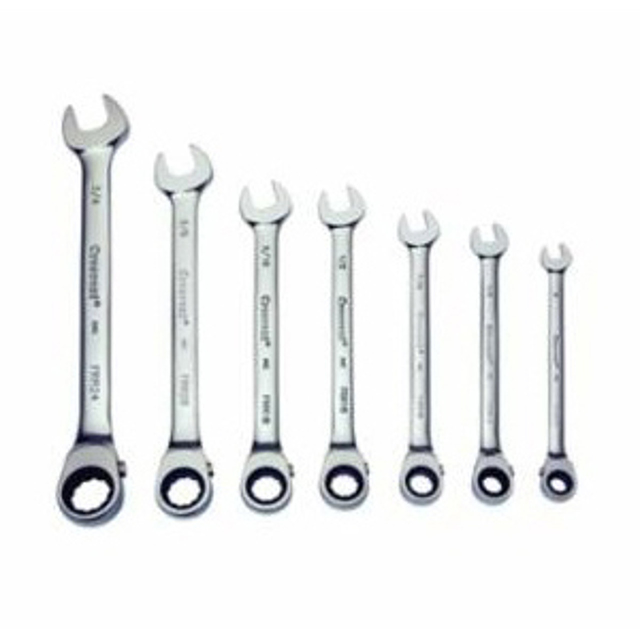 Ratcheting Wrench Set, Reversible, Polished Chrome,  Mirror Polished, Chromium Vanadium Steel, 7 -Piece, 5/16 to 3/4 in, 15 deg Offset,  Open/Box End Drive