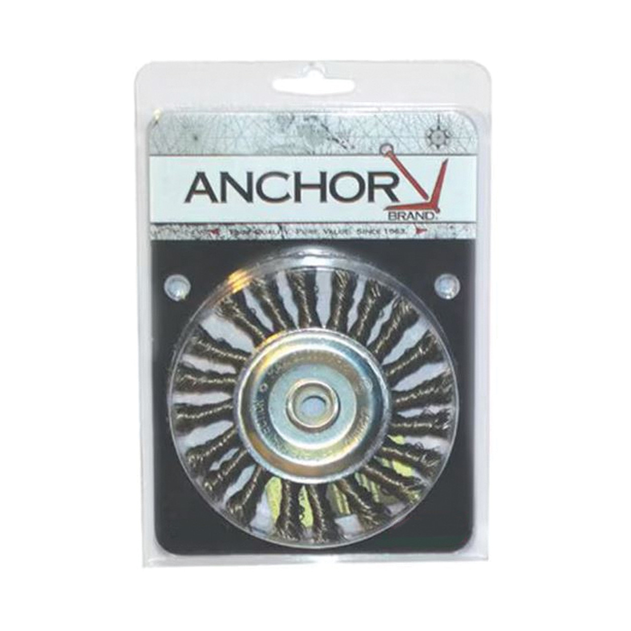 ANCHOR Wheel Brush, 4 in Dia Brush, 4 in Wd Face, 5/8 in-11 Arbor Hole, Knot Filament/Wire, 0.014 in Dia Wire, Carbon Steel Fill, Threaded Arbor