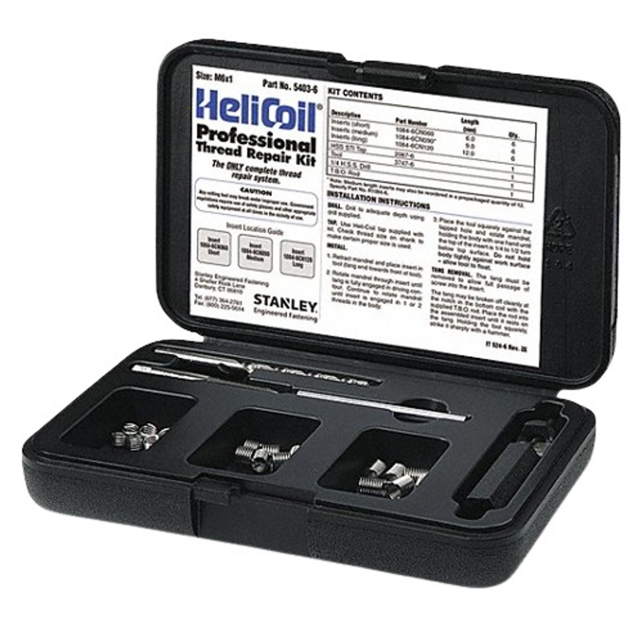 Thread Repair Kit, UNC, M6 x 1 Thread, 18 -Piece, (18) Inserts,  Drill,  Heli-Coil Tap,  Installation Tool, Stainless Steel, Plain