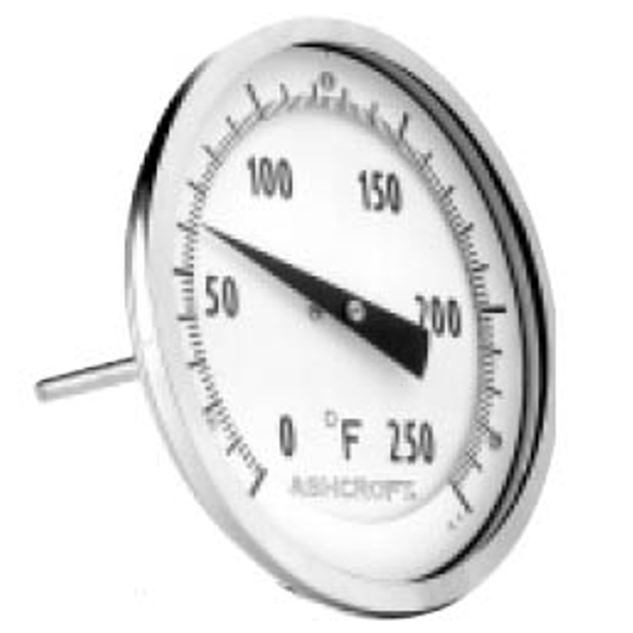 Thermometer, Bi-Metal, 2 in Dial, 1/2 in NPT, Rear Connection, 4 in Lg Stem, 50 to 500 deg F, Stainless Steel