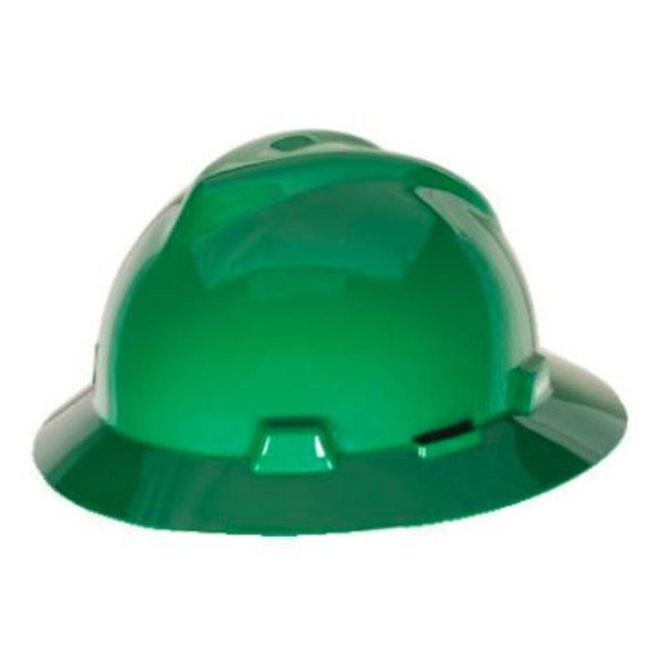 Hard Hat, Full Brim, Fits Min Hat 6-1/2 in, Fits Max Hat 8 in, Green , Polyethylene, 4-Point Staz-On® Suspension, Class E, 1 Slotted, Pin Lock Adjustment