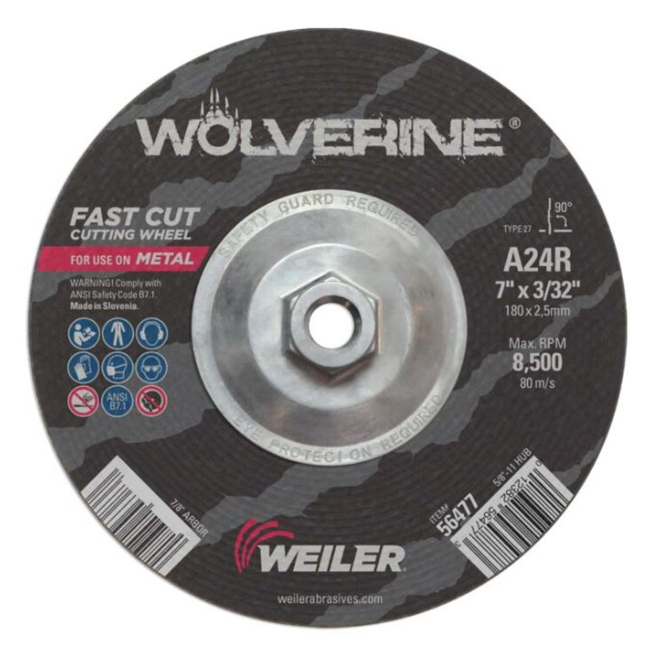 WEILER Wolverine Cut-Off Wheel, 7 in Dia Wheel, 3/32 in Thk Wheel, 24 Grit, T, 8500 rpm Max, Ferrous Metals,  Iron,  Steel Applicable