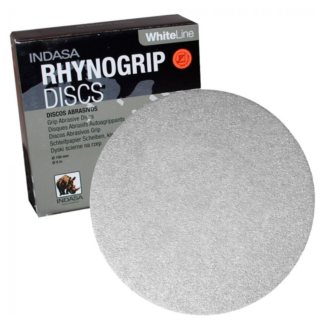 INDASA Rhynogrip Hook/Loop Disc, 6 in Dia Disc, P150 Grit, Aluminium Oxide Abrasive, Latex Paper Backing, C Backing INDASA Rhynogrip Hook/Loop Disc, 6 in Dia Disc, P150 Grit, Aluminium Oxide Abrasive, Latex Paper Backing, C Backing