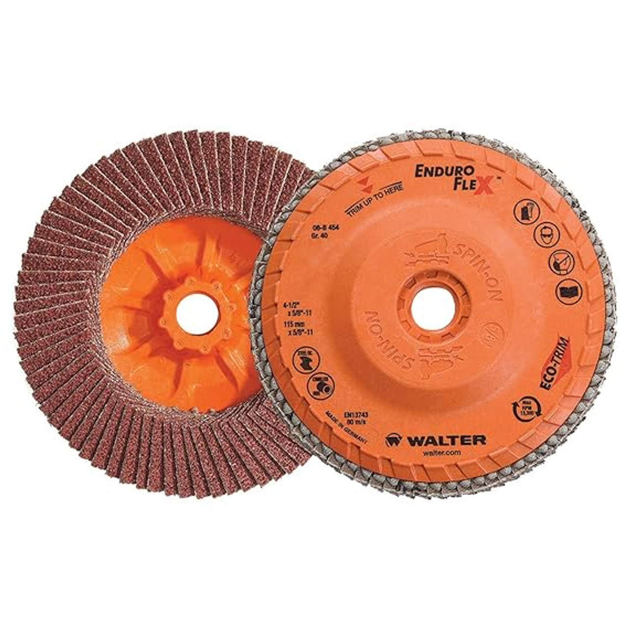 WALTER Enduro Flap Disc, Enduro Flex, 4-1/2 in Dia Disc, 5/8 in-11 Center Hole, 40 Grit, Coarse, Zirconia Alumina Abrasive, Type 27S Disc, Plastic Backing, 13300 rpm Max