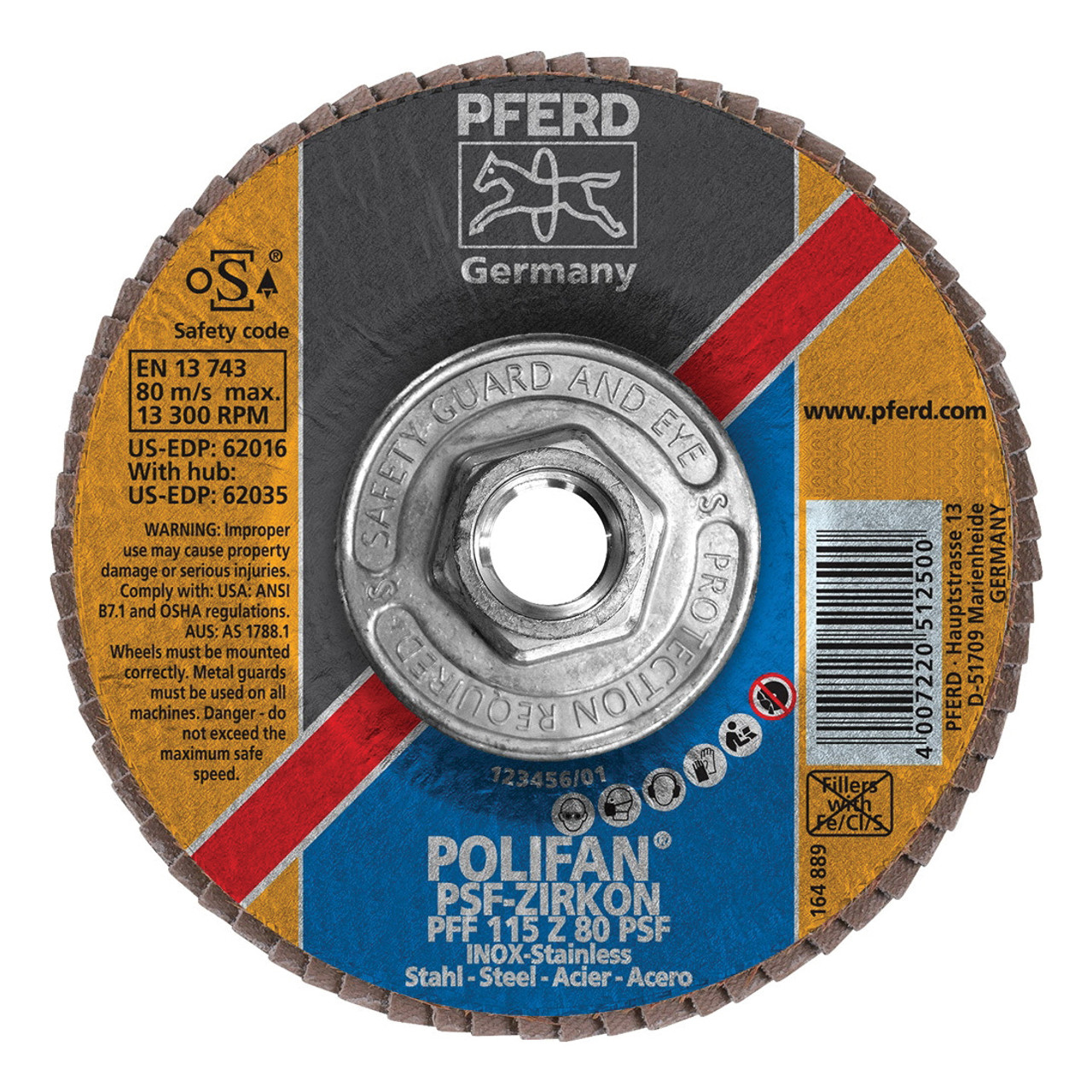PFERD Flap Disc, Abrasive, 4-1/2 in Dia Disc, 5/8 in-11 Center Hole, 80 Grit, Zirconia Alumina Abrasive, Type 27 Flat Disc, Cloth Backing, 13300 rpm Max