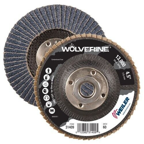 WEILER Wolverine Flap Disc, Fast Cut, 4-1/2 in Dia Disc, 7/8 in Center Hole, 60 Grit, Medium, Zirconia Alumina Abrasive, Type 27 Flat Disc, Phenolic Backing, 13000 rpm Max