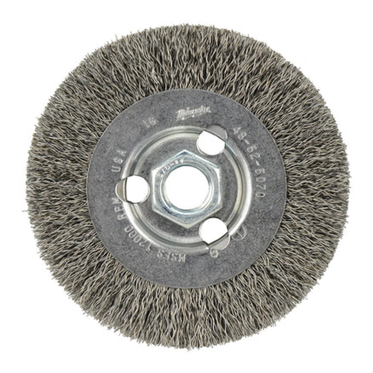 MILWAUKEE ELECTRIC Wheel Brush, 4 in Dia Brush, 1/2 in Wd Face, 5/8 in-11 Arbor Hole, Crimped Filament/Wire, 0.014 in Dia Wire, Carbon Steel Fill, 11/16 in Lg Trim MILWAUKEE ELECTRIC Wheel Brush, 4 in Dia Brush, 1/2 in Wd Face, 5/8 in-11 Arbor Hole, Crimped Filament/Wire, 0.014 in Dia Wire, Carbon Steel Fill, 11/16 in Lg Trim