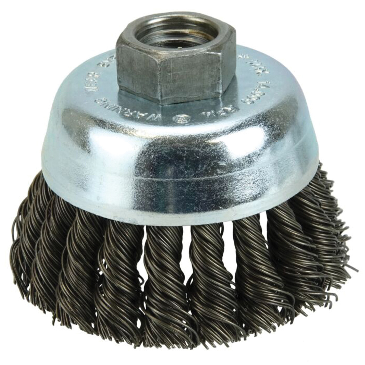 WEILER VORTEX Cup Brush, Flat Surface, 2-3/4 in Dia Brush, 5/8 in-11 Arbor Hole, Knot Filament/Wire, 0.02 in Dia Wire, Carbon Steel Wire Fill, 1 in Lg Trim, 14000 rpm Max WEILER VORTEX Cup Brush, Flat Surface, 2-3/4 in Dia Brush, 5/8 in-11 Arbor Hole, Knot Filament/Wire, 0.02 in Dia Wire, Carbon Steel Wire Fill, 1 in Lg Trim, 14000 rpm Max