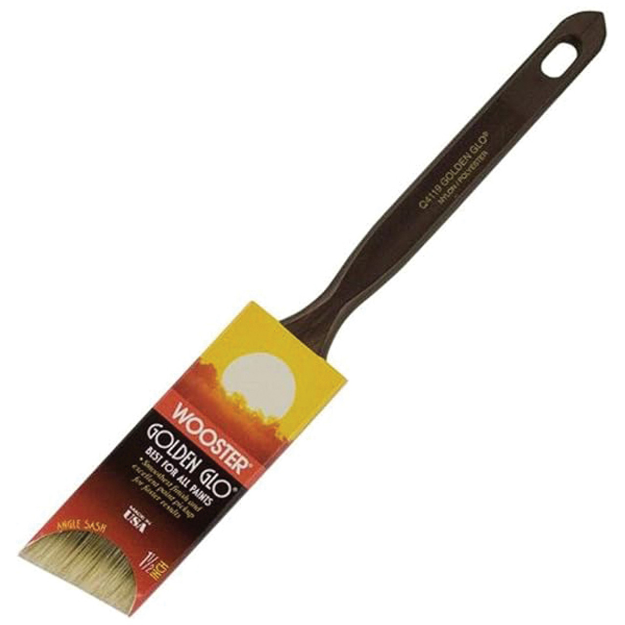 Paint Brush, Angled Sash, 2.6875 in Lg, 2 in Brush, Nylon, Sable Polyester Brush, 0.5625 in Ferrule, Brass-Plated Steel Ferrule, Solid, Plastic Handle, Q4119-2