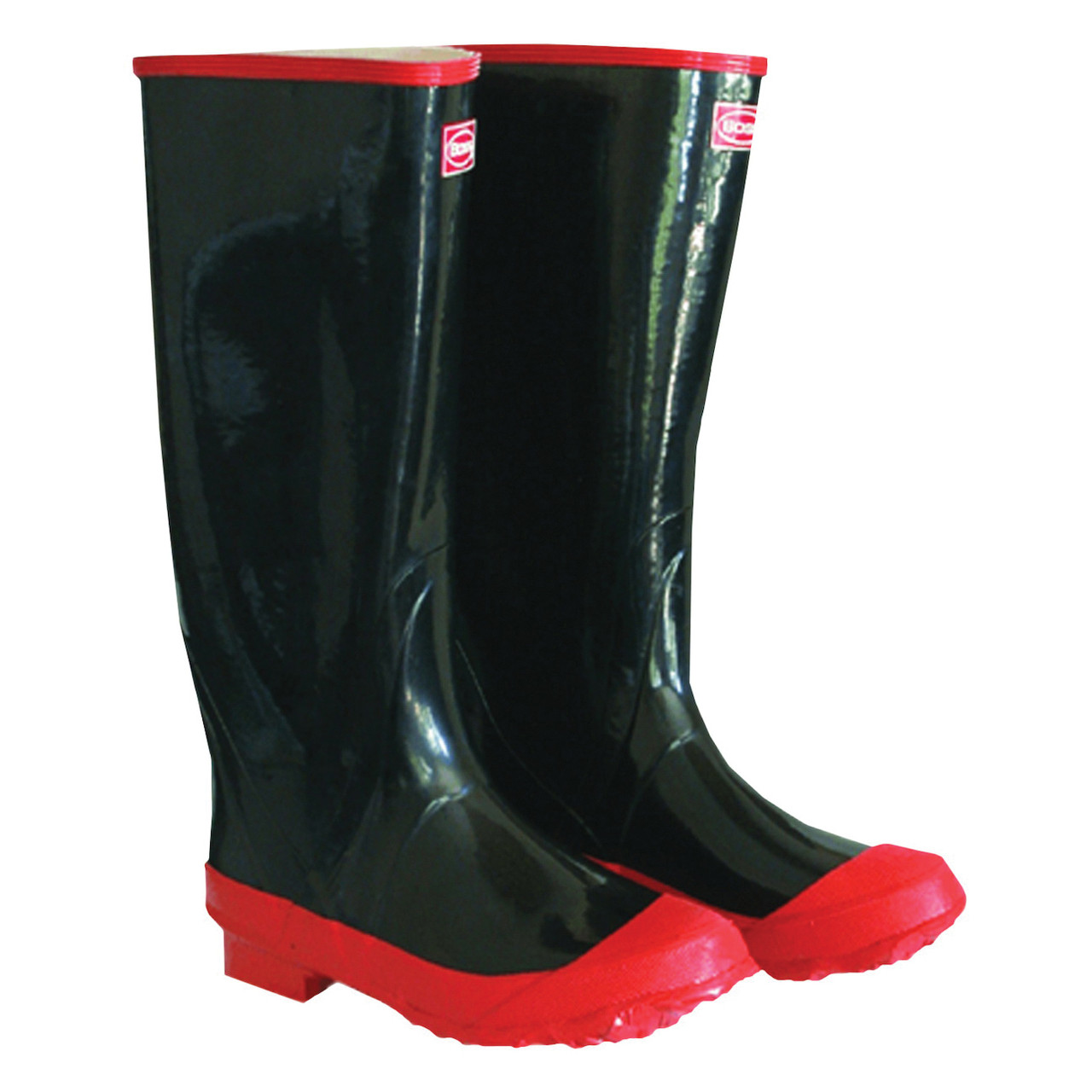 Knee Boot, Over-The-Sock, Size 5, Steel Toe, Non-Slip Sole, Rubber Outsole, Steel Shank, ANSI Z41 PT 91 Class 75, Black,  Red Sole , Rubber Upper
