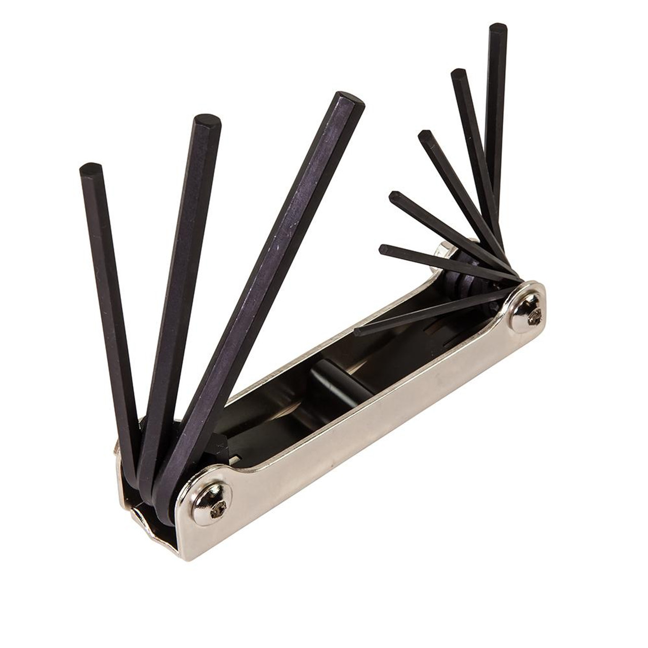 Hex Key Set, Folding, Imperial, 9 -Piece, 0.078 to 1/4 in Hex, Fold-Up, 2-11/16 to 3-13/16 in L Keys,  4-3/8 in L-Handle, Heat-Treated Alloy Steel
