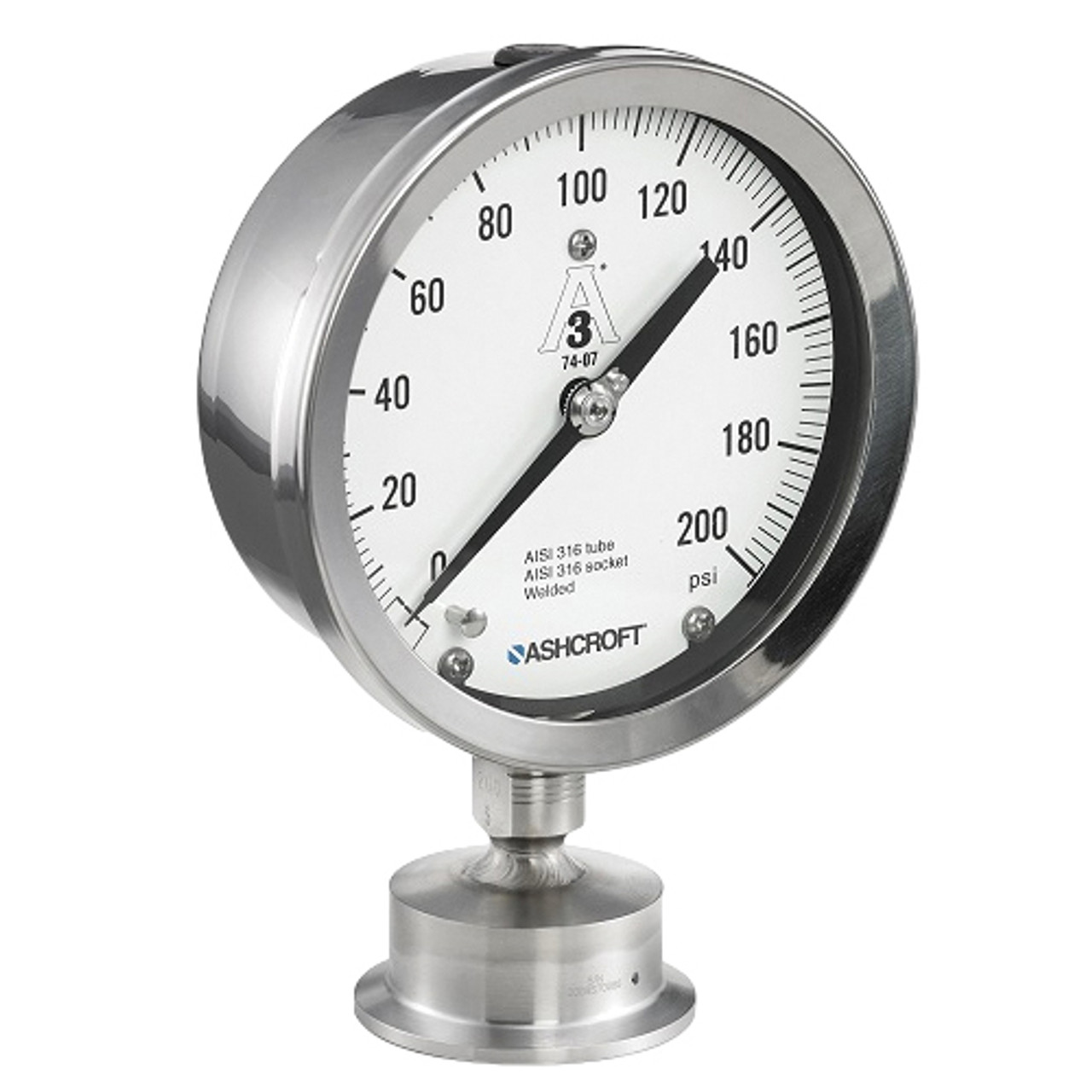 Mechanical Pressure Gauge, Utility, 200 psi, 2 in, 4-1/2 in Dia Dial, +/-1-1/2%, 1 Liquid Filled, Dial Display, 280 deg F, Lower Mount, 5.18 in dia,  2.06 in dp