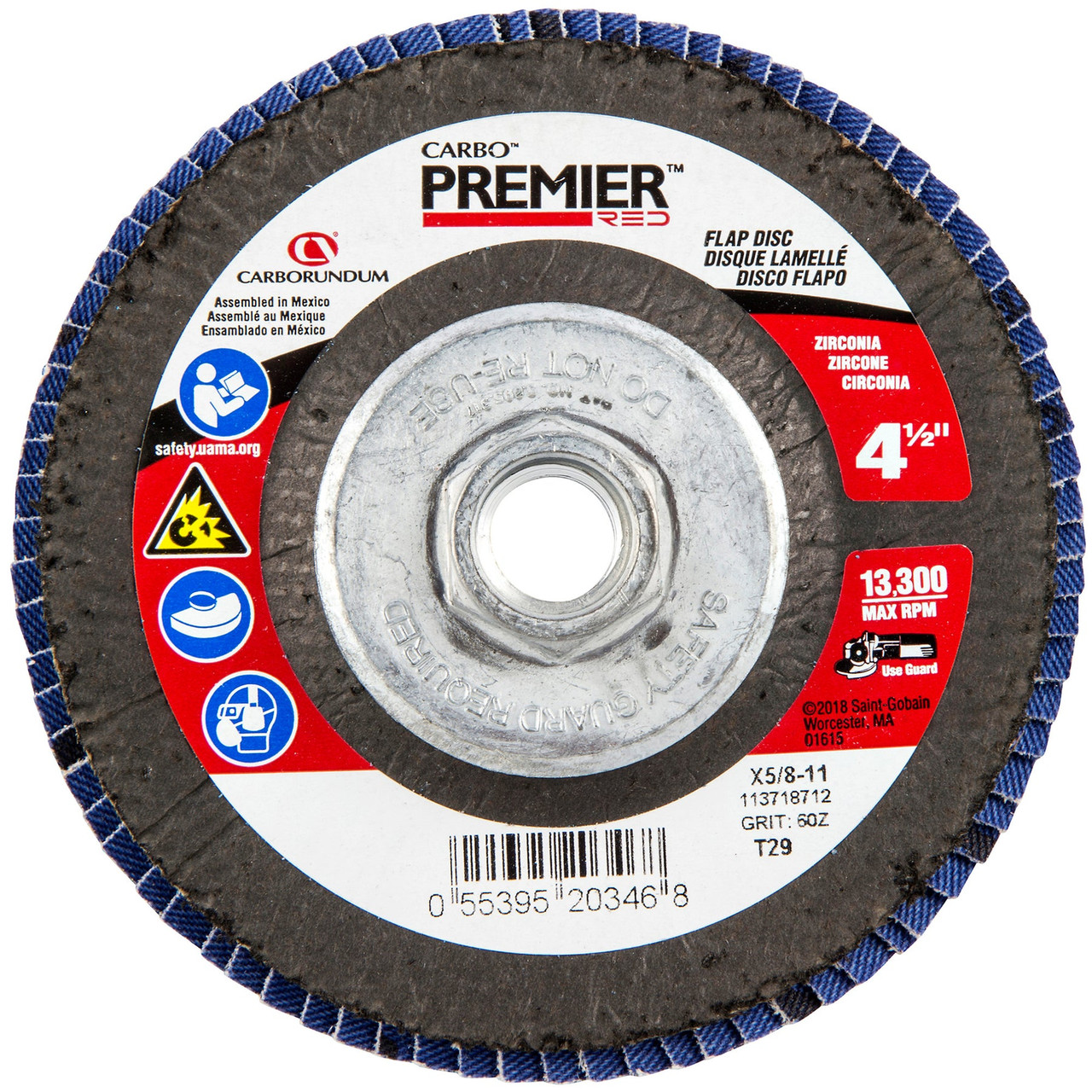 CARBORUNDUM Premier Red Flap Disc, 4-1/2 in Dia Disc, 5/8 in-11 Center Hole, 60 Grit, Zirconia Alumina Abrasive, Cloth Backing, 13, 000 rpm Max, Premier Red Color