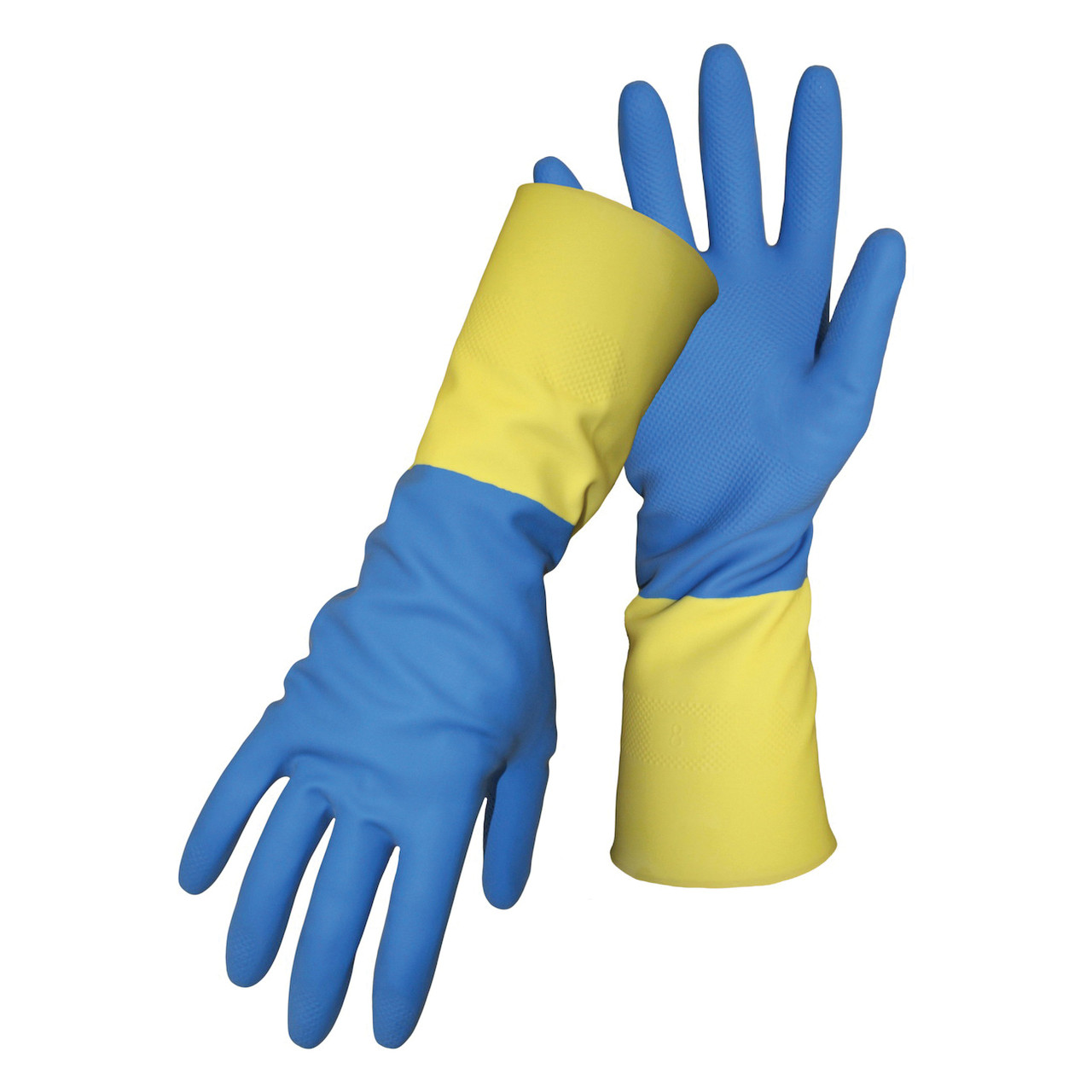 Chemical Resistant Gloves, Size 9, Latex Blend,  Neoprene Palm, Latex Blend,  Neoprene, Blue,  Yellow , Flock, Gauntlet Cuff, Unsupported, 13 in Lg