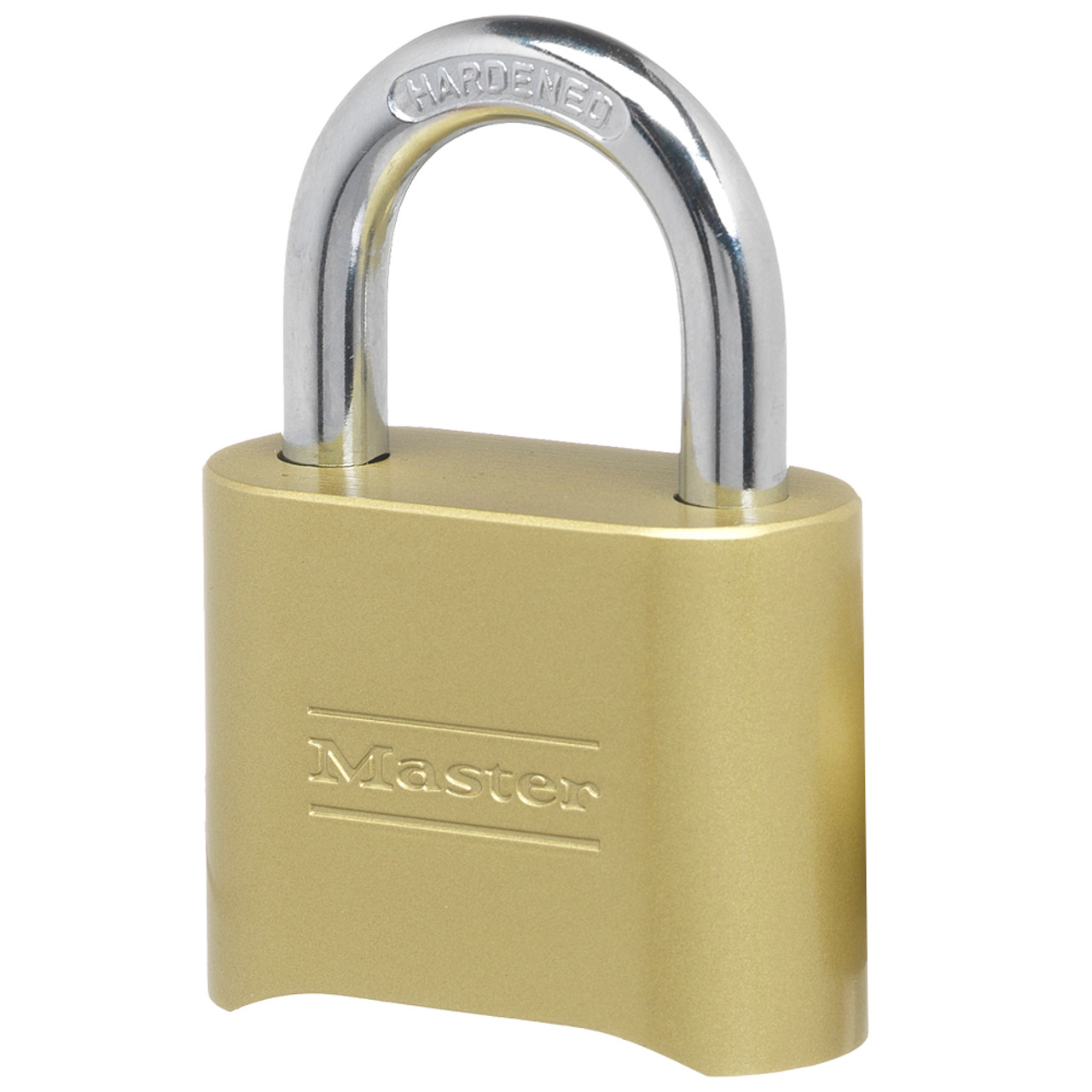 Padlock, 1 in Ht Shackle, 1 in Wd Shackle, Zinc Shackle, 2 in Wd Body, 4-Digit dialing Locking, Gold , Resettable Key, 5/16 in Dia Shackle, Brass Body