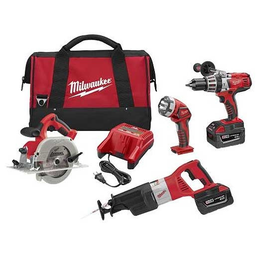 Cordless Tool Kit, 4 -Piece, Box, Metal, Black,  Gray,  Red , Kit, Circular Saw,  Hammer Drill,  Reciprocating Saw, 28 VDC, Lithium-Ion, 3 Ah