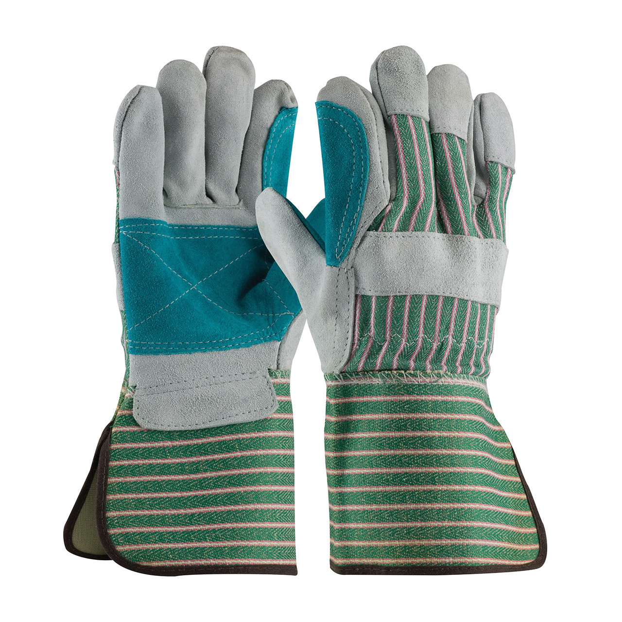 General Purpose Gloves, Double Palm, Large, Cowhide Leather Palm, Cowhide Leather, Gray,  Green,  Pink , Gunn Cut,  Full Finger,  Wing Thumb, Cotton