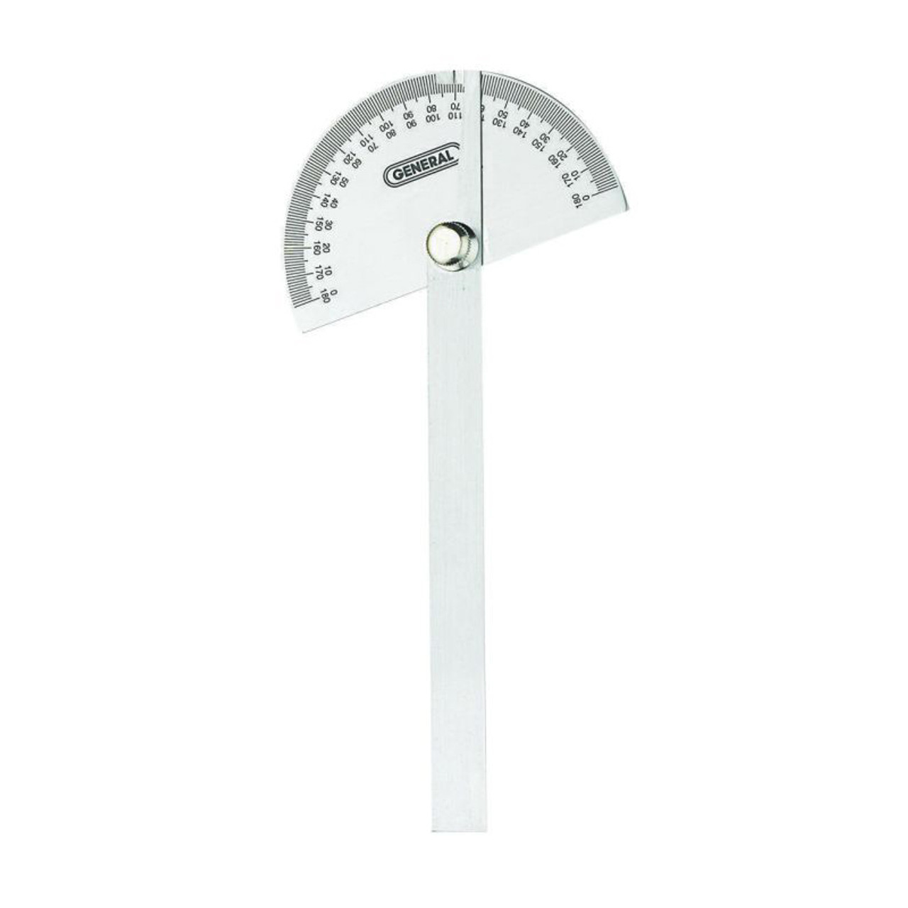 Angle Protractor, 0 to 180 deg, 6 in Lg, Stainless Steel, Round 